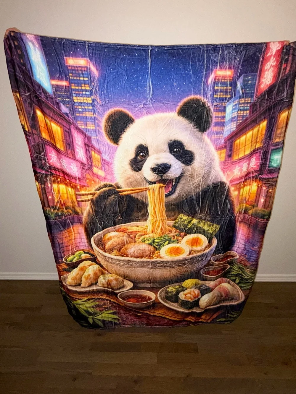 NWT 50x60 Panda Throw Blanket Ramen Noodles Asian Food City Night Soft Cozy
